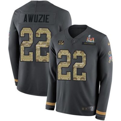 Nike Cincinnati Bengals #22 Chidobe Awuzie Anthracite Super Bowl LVI Patch Salute to Service Stitched NFL Limited Therma Long Sleeve Jersey Youth