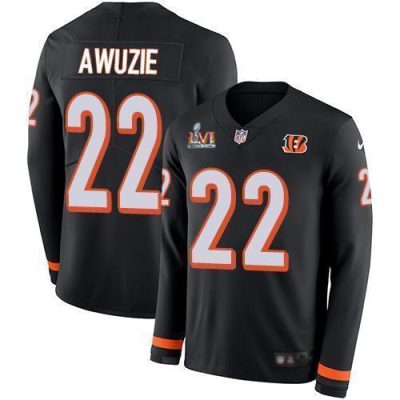 Nike Cincinnati Bengals #22 Chidobe Awuzie Black Team Color Super Bowl LVI Patch Stitched NFL Limited Therma Long Sleeve Jersey Youth