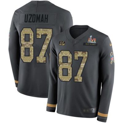 Nike Cincinnati Bengals #87 C.J. Uzomah Anthracite Super Bowl LVI Patch Salute to Service Stitched NFL Limited Therma Long Sleeve Jersey
