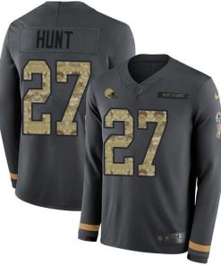 Nike Cleveland Browns #27 Kareem Hunt Anthracite Salute to Service Stitched NFL Limited Therma Long Sleeve Jersey