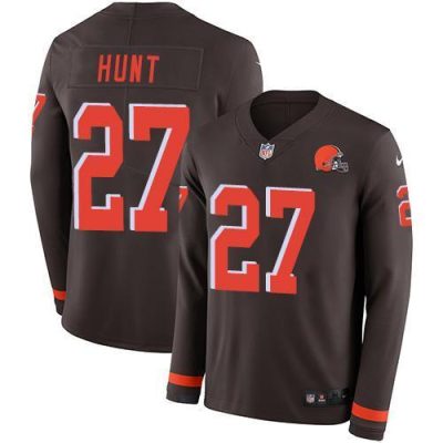 Nike Cleveland Browns #27 Kareem Hunt Brown Team Color Stitched NFL Limited Therma Long Sleeve Jersey