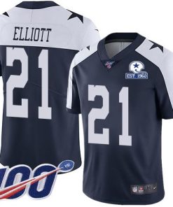 Nike Cowboys #21 Ezekiel Elliott Navy Blue Thanksgiving Stitched With Established In 1960 Patch NFL 100th Season Vapor Untouchable Limited Throwback