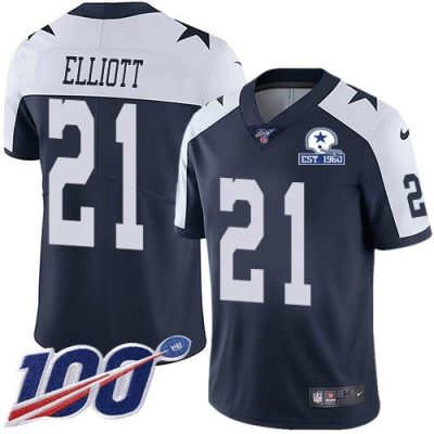 Nike Cowboys #21 Ezekiel Elliott Navy Blue Thanksgiving Stitched With Established In 1960 Patch NFL 100th Season Vapor Untouchable Limited Throwback