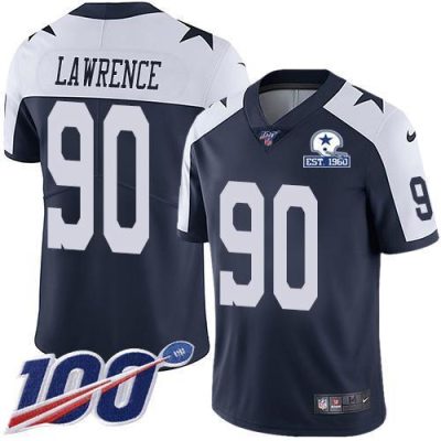 Nike Cowboys #90 DeMarcus Lawrence Navy Blue Thanksgiving Stitched With Established In 1960 Patch NFL 100th Season Vapor Untouchable Limited Throwbac
