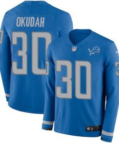 Nike Detroit Lions #30 Jeff Okudah Blue Team Color Stitched NFL Limited Therma Long Sleeve Jersey