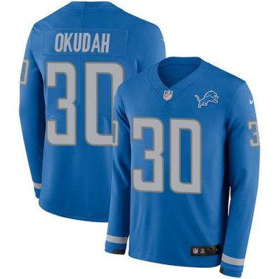 Nike Detroit Lions #30 Jeff Okudah Blue Team Color Stitched NFL Limited Therma Long Sleeve Jersey