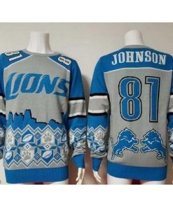 Nike Detroit Lions #81 Calvin Johnson Blue/Grey Ugly Sweater