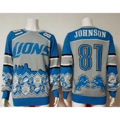 Nike Detroit Lions #81 Calvin Johnson Blue/Grey Ugly Sweater