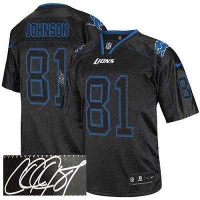 Nike Detroit Lions #81 Calvin Johnson Lights Out Black Stitched NFL Elite Autographed Jersey