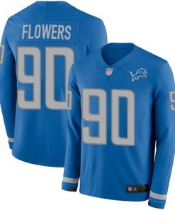 Nike Detroit Lions #90 Trey Flowers Blue Team Color Stitched NFL Limited Therma Long Sleeve Jersey