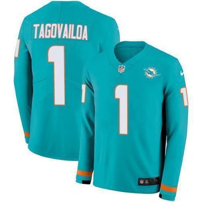 Nike Dolphins #1 Tua Tagovailoa Aqua Green Team Color Stitched NFL Limited Therma Long Sleeve Jersey