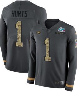 Philadelphia Eagles #1 Jalen Hurts Anthracite Super Bowl LVII Patch Salute To Service Stitched NFL Limited Therma Long Sleeve Jersey