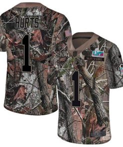 Philadelphia Eagles #1 Jalen Hurts Camo Super Bowl LVII Patch Stitched NFL Limited Rush Realtree Jersey