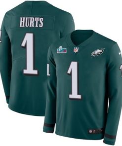 Philadelphia Eagles #1 Jalen Hurts Green Super Bowl LVII Patch Team Color Stitched NFL Limited Therma Long Sleeve Jersey