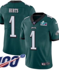 Philadelphia Eagles #1 Jalen Hurts Green Team Color Super Bowl LVII Patch Stitched NFL 100th Season Vapor Limited Jersey