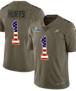 Philadelphia Eagles #1 Jalen Hurts Olive/USA Flag Super Bowl LVII Patch Stitched NFL Limited 2017 Salute To Service Jersey