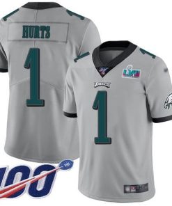 Philadelphia Eagles #1 Jalen Hurts Silver Super Bowl LVII Patch Stitched NFL Limited Inverted Legend 100th Season Jersey