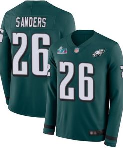 Philadelphia Eagles #26 Miles Sanders Green Super Bowl LVII Patch Team Color Stitched NFL Limited Therma Long Sleeve Jersey