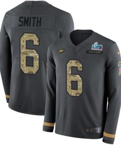Philadelphia Eagles #6 DeVonta Smith Anthracite Super Bowl LVII Patch Salute To Service Stitched NFL Limited Therma Long Sleeve Jersey