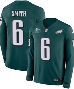 Philadelphia Eagles #6 DeVonta Smith Green Super Bowl LVII Patch Team Color Stitched NFL Limited Therma Long Sleeve Jersey