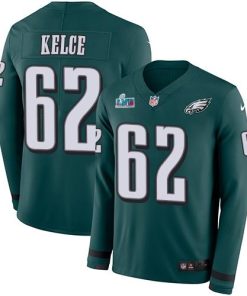 Philadelphia Eagles #62 Jason Kelce Green Super Bowl LVII Patch Team Color Stitched NFL Limited Therma Long Sleeve Jersey