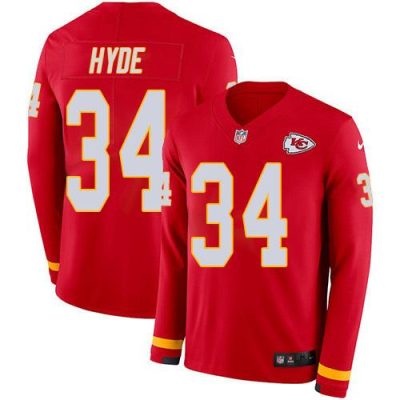 Nike Kansas City Chiefs #34 Carlos Hyde Red Team Color Stitched NFL Limited Therma Long Sleeve Jersey