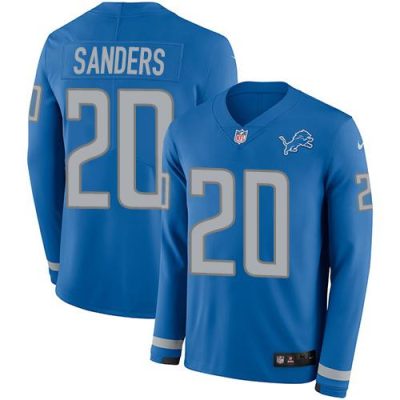 Nike Lions #20 Barry Sanders Blue Team Color Stitched NFL Limited Therma Long Sleeve Jersey