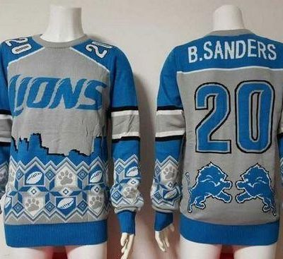 Nike Lions #20 Barry Sanders Blue/Grey Ugly Sweater
