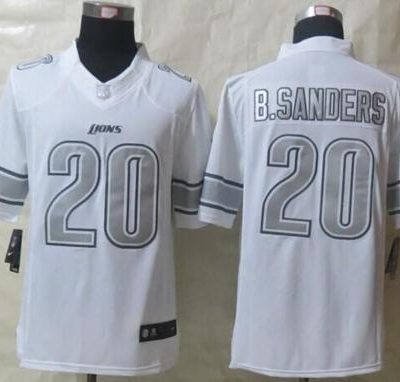 Nike Lions #20 Barry Sanders White Stitched NFL Limited Platinum Jersey