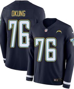 Nike Los Angeles Chargers #76 Russell Okung Navy Blue Team Color Stitched NFL Limited Therma Long Sleeve Jersey