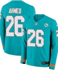 Nike Miami Dolphins #26 Salvon Ahmed Aqua Green Team Color Stitched NFL Limited Therma Long Sleeve Jersey