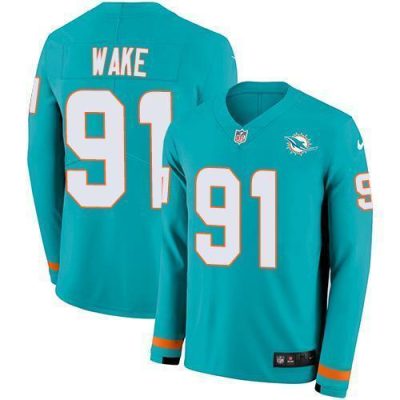 Nike Miami Dolphins #91 Cameron Wake Aqua Green Team Color Stitched NFL Limited Therma Long Sleeve Jersey