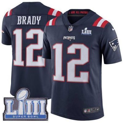 Nike Patriots #12 Tom Brady Navy Blue Super Bowl LIII Bound Stitched NFL Limited Rush Jersey