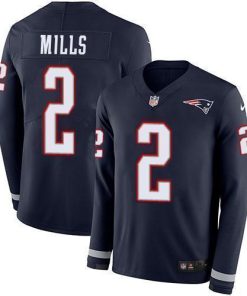 Nike Patriots #2 Jalen Mills Navy Blue Team Color Stitched NFL Limited Therma Long Sleeve Jersey