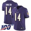 Nike Ravens #14 Kyle Hamilton Purple Team Color Stitched NFL 100th Season Vapor Untouchable Limited Jersey