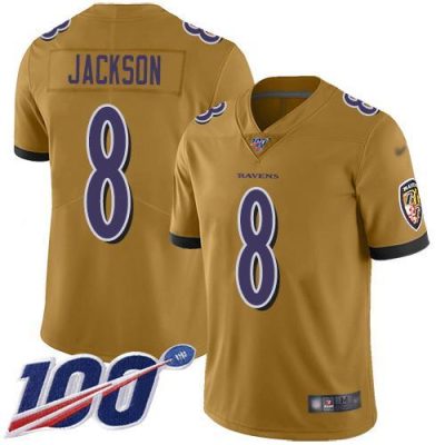 Nike Ravens #8 Lamar Jackson Gold Stitched NFL Limited Inverted Legend 100th Season Jersey