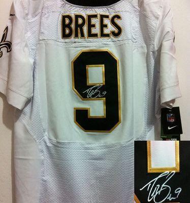 Nike Saints #9 Drew Brees White Stitched NFL Elite Autographed Jersey