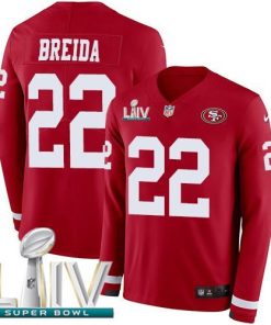 Nike San Francisco 49ers #22 Matt Breida Red Super Bowl LIV 2020 Team Color Stitched NFL Limited Therma Long Sleeve Jersey