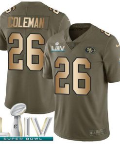 Nike San Francisco 49ers #26 Tevin Coleman Olive/Gold Super Bowl LIV 2020 Stitched NFL Limited 2017 Salute To Service Jersey