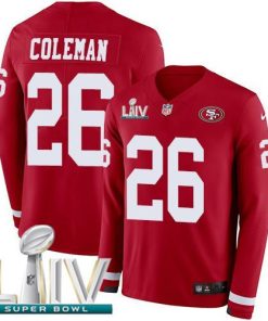 Nike San Francisco 49ers #26 Tevin Coleman Red Super Bowl LIV 2020 Team Color Stitched NFL Limited Therma Long Sleeve Jersey