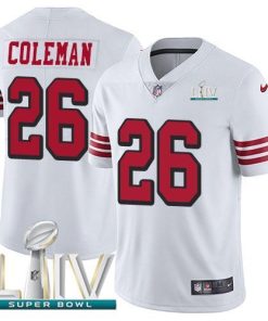 Nike San Francisco 49ers #26 Tevin Coleman White Super Bowl LIV 2020 Rush Stitched NFL Vapor Untouchable Limited Jersey