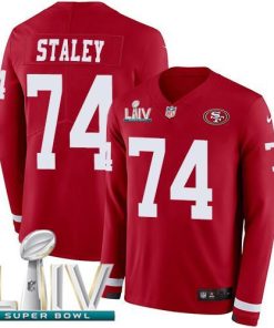 Nike San Francisco 49ers #74 Joe Staley Red Super Bowl LIV 2020 Team Color Stitched NFL Limited Therma Long Sleeve Jersey