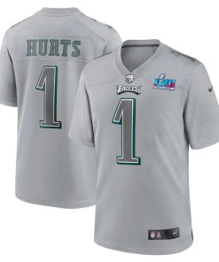 Philadelphia Eagles #1 Jalen Hurts Nike Super Bowl LVII Patch Atmosphere Fashion Game Jersey - Gray