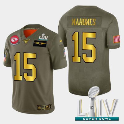 Kansas City Chiefs #15 Patrick Mahomes Nike Olive Gold Super Bowl LIV 2020 2019 Salute To Service Limited NFL 100 Jersey