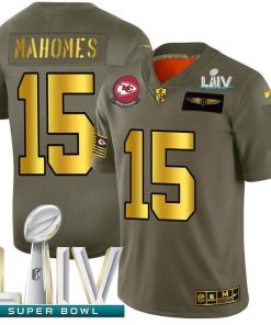 Kansas City Chiefs #15 Patrick Mahomes NFL Nike Olive Gold Super Bowl LIV 2020 2019 Salute To Service Limited Jersey