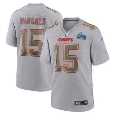 Nike Chiefs #15 Patrick Mahomes Super Bowl LVII Patch Atmosphere Fashion Game Jersey - Gray