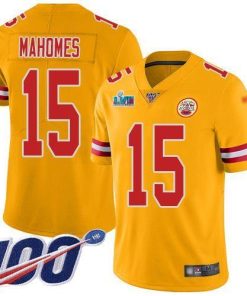 Nike Chiefs #15 Patrick Mahomes Gold Super Bowl LVII Patch Stitched NFL Limited Inverted Legend 100th Season Jersey
