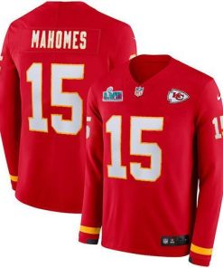 Nike Chiefs #15 Patrick Mahomes Red Team Color Super Bowl LVII Patch Stitched NFL Limited Therma Long Sleeve Jersey