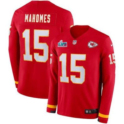 Nike Chiefs #15 Patrick Mahomes Red Team Color Super Bowl LVII Patch Stitched NFL Limited Therma Long Sleeve Jersey