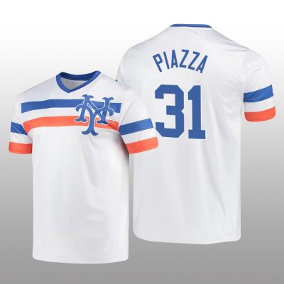 White V-Neck Men's Mike Piazza Cooperstown Collection Mets Jersey